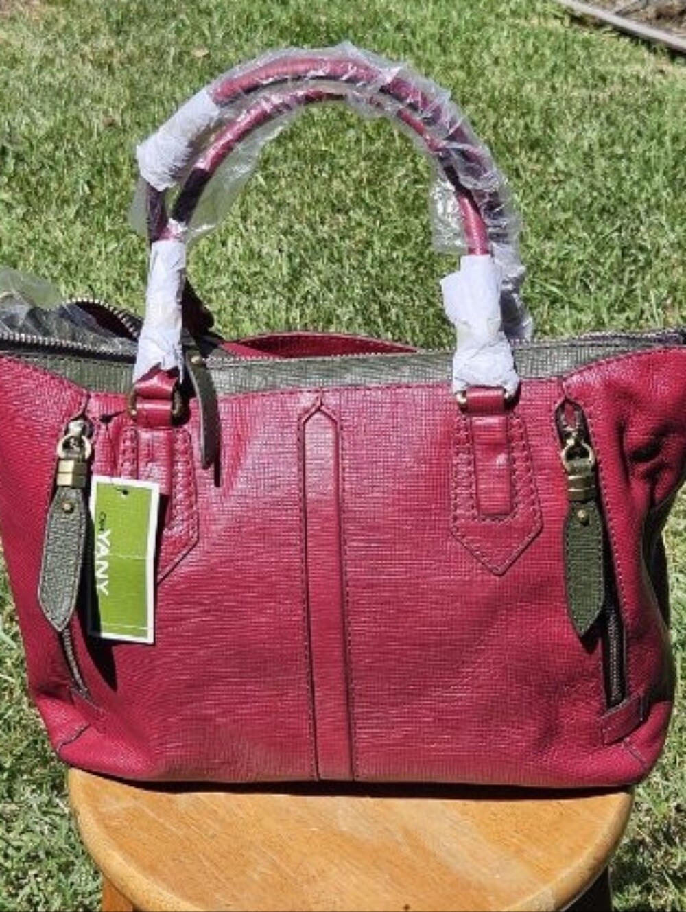 ORYANY Big & Beautiful Women's Burgundy Leather Satchel with Olive Trim. NWT